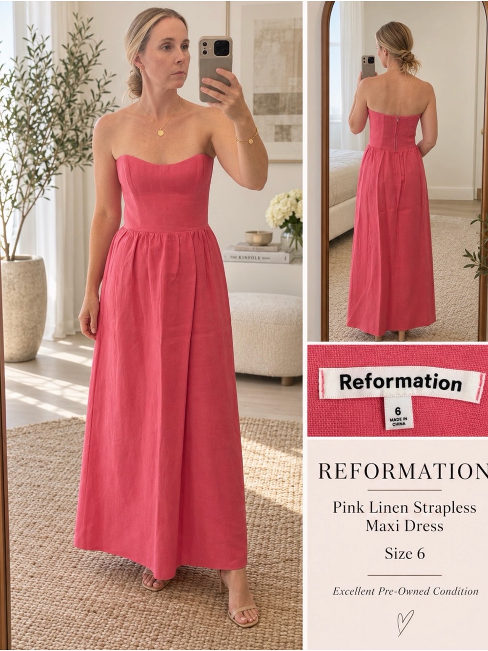 Reformation Pink Strapless Linen Maxi Dress